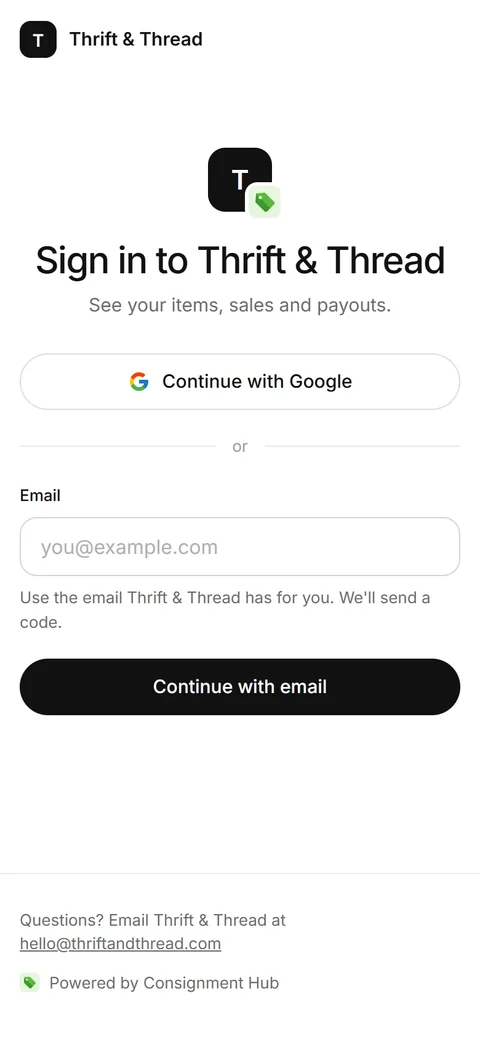 ショップの委託者用ログインページ：Google またはメールのコードでログイン。